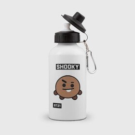 Бутылка спортивная с принтом SHOOKY BT21 в Новосибирске, металл | емкость — 500 мл, в комплекте две пластиковые крышки и карабин для крепления | Тематика изображения на принте: bt21 | bts | chimmy | cooky | koya | love yourself. | mang | rj | shooky | tata | бт21 | бтс