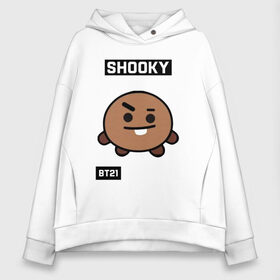 Женское худи Oversize хлопок с принтом SHOOKY BT21 в Новосибирске, френч-терри — 70% хлопок, 30% полиэстер. Мягкий теплый начес внутри —100% хлопок | боковые карманы, эластичные манжеты и нижняя кромка, капюшон на магнитной кнопке | Тематика изображения на принте: bt21 | bts | chimmy | cooky | koya | love yourself. | mang | rj | shooky | tata | бт21 | бтс