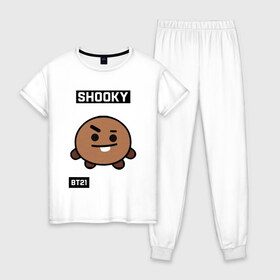 Женская пижама хлопок с принтом SHOOKY BT21 в Новосибирске, 100% хлопок | брюки и футболка прямого кроя, без карманов, на брюках мягкая резинка на поясе и по низу штанин | Тематика изображения на принте: bt21 | bts | chimmy | cooky | koya | love yourself. | mang | rj | shooky | tata | бт21 | бтс