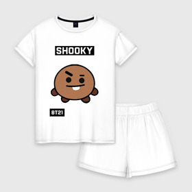 Женская пижама с шортиками хлопок с принтом SHOOKY BT21 в Новосибирске, 100% хлопок | футболка прямого кроя, шорты свободные с широкой мягкой резинкой | bt21 | bts | chimmy | cooky | koya | love yourself. | mang | rj | shooky | tata | бт21 | бтс