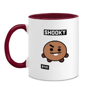 Кружка двухцветная с принтом SHOOKY BT21 в Новосибирске, керамика | объем — 330 мл, диаметр — 80 мм. Цветная ручка и кайма сверху, в некоторых цветах — вся внутренняя часть | bt21 | bts | chimmy | cooky | koya | love yourself. | mang | rj | shooky | tata | бт21 | бтс