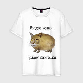 Мужская футболка хлопок с принтом Кошка-Картошка в Новосибирске, 100% хлопок | прямой крой, круглый вырез горловины, длина до линии бедер, слегка спущенное плечо. | cat | kuplinov play | youtube | взгляд кошки | грация картошки | интернет приколы | картошка | кот | котик | кошак | кошка | куплинов | мем | мемы | надпись | стример | ютуб