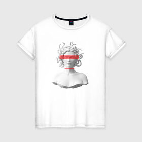 Женская футболка хлопок с принтом Медуза Горгона в Новосибирске, 100% хлопок | прямой крой, круглый вырез горловины, длина до линии бедер, слегка спущенное плечо | девушка | медуза горгона | миф | полосы | скульптура | стиль