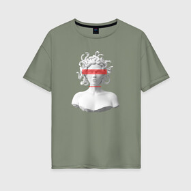 Женская футболка хлопок Oversize с принтом Медуза Горгона в Новосибирске, 100% хлопок | свободный крой, круглый ворот, спущенный рукав, длина до линии бедер
 | девушка | медуза горгона | миф | полосы | скульптура | стиль