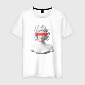 Мужская футболка хлопок с принтом Медуза Горгона в Новосибирске, 100% хлопок | прямой крой, круглый вырез горловины, длина до линии бедер, слегка спущенное плечо. | Тематика изображения на принте: девушка | медуза горгона | миф | полосы | скульптура | стиль