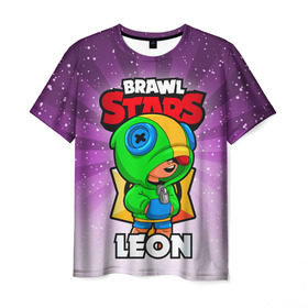 Мужская футболка 3D с принтом BRAWL STARS LEON в Новосибирске, 100% полиэфир | прямой крой, круглый вырез горловины, длина до линии бедер | brawl stars | brawl stars leon | brawler | leon | бравл старз | бравлер | леон