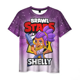 Мужская футболка 3D с принтом BRAWL STARS SHELLY в Новосибирске, 100% полиэфир | прямой крой, круглый вырез горловины, длина до линии бедер | Тематика изображения на принте: brawl stars | brawl stars shelly | brawler | shelly | бравл старз | бравлер | шелли