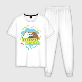 Мужская пижама хлопок с принтом Respect keep real в Новосибирске, 100% хлопок | брюки и футболка прямого кроя, без карманов, на брюках мягкая резинка на поясе и по низу штанин
 | Тематика изображения на принте: baby bears | bare bears | charle and bears | dsgngerzen | grizz | isebear | panda | panpan | selfie panpan | vdgerir | вся правда о медведях