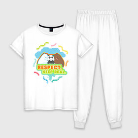Женская пижама хлопок с принтом Respect keep real в Новосибирске, 100% хлопок | брюки и футболка прямого кроя, без карманов, на брюках мягкая резинка на поясе и по низу штанин | Тематика изображения на принте: baby bears | bare bears | charle and bears | dsgngerzen | grizz | isebear | panda | panpan | selfie panpan | vdgerir | вся правда о медведях