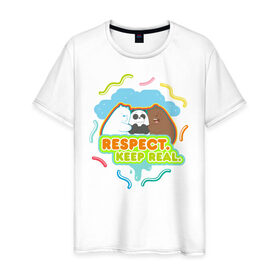Мужская футболка хлопок с принтом Respect keep real в Новосибирске, 100% хлопок | прямой крой, круглый вырез горловины, длина до линии бедер, слегка спущенное плечо. | baby bears | bare bears | charle and bears | dsgngerzen | grizz | isebear | panda | panpan | selfie panpan | vdgerir | вся правда о медведях