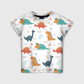 Детская футболка 3D с принтом Милые динозавры в Новосибирске, 100% гипоаллергенный полиэфир | прямой крой, круглый вырез горловины, длина до линии бедер, чуть спущенное плечо, ткань немного тянется | dinosaurs | динозавр | динозавры | животные | игрушки | мульт динозавры | мультяшки динозавры | тиранозавр