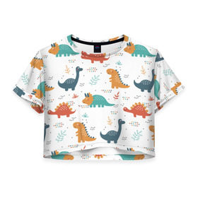 Женская футболка Cropp-top с принтом Милые динозавры в Новосибирске, 100% полиэстер | круглая горловина, длина футболки до линии талии, рукава с отворотами | dinosaurs | динозавр | динозавры | животные | игрушки | мульт динозавры | мультяшки динозавры | тиранозавр