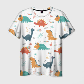 Мужская футболка 3D с принтом Милые динозавры в Новосибирске, 100% полиэфир | прямой крой, круглый вырез горловины, длина до линии бедер | dinosaurs | динозавр | динозавры | животные | игрушки | мульт динозавры | мультяшки динозавры | тиранозавр