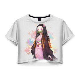 Женская футболка Cropp-top с принтом Nezuko Kamado в Новосибирске, 100% полиэстер | круглая горловина, длина футболки до линии талии, рукава с отворотами | demon | kamado | nezuko | slayer | камадо | недзуко | незуко | нэдзуко | нэзуко