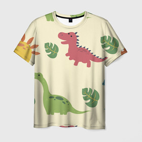 Мужская футболка 3D с принтом Динозаврики в Новосибирске, 100% полиэфир | прямой крой, круглый вырез горловины, длина до линии бедер | dinosaurs | динозавр | динозавры | животные | игрушки | мульт динозавры | мультяшки динозавры | тиранозавр