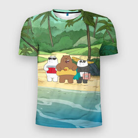 Мужская футболка 3D спортивная с принтом Bears on the beach в Новосибирске, 100% полиэстер с улучшенными характеристиками | приталенный силуэт, круглая горловина, широкие плечи, сужается к линии бедра | Тематика изображения на принте: baby bears | bare bears | charle and bears | dsgngerzen | grizz | iсebear | panda | panpan | selfie panpan | vdgerir | we bare bears | вся правда о медведях