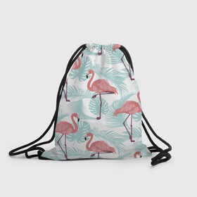 Рюкзак-мешок 3D с принтом Тропический арт в Новосибирске, 100% полиэстер | плотность ткани — 200 г/м2, размер — 35 х 45 см; лямки — толстые шнурки, застежка на шнуровке, без карманов и подкладки | Тематика изображения на принте: animal | bird | flamingo | pink | pnik flamingo | животные | птицы | розовый | розовый фламинго | фламинго
