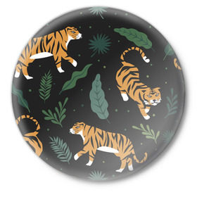 Значок с принтом Тропический тигр в Новосибирске,  металл | круглая форма, металлическая застежка в виде булавки | tiger | гепард | дикие кошки | животные | кот | кошки | пантера | тигр | тигры
