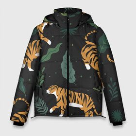 Мужская зимняя куртка 3D с принтом Тропический тигр в Новосибирске, верх — 100% полиэстер; подкладка — 100% полиэстер; утеплитель — 100% полиэстер | длина ниже бедра, свободный силуэт Оверсайз. Есть воротник-стойка, отстегивающийся капюшон и ветрозащитная планка. 

Боковые карманы с листочкой на кнопках и внутренний карман на молнии. | tiger | гепард | дикие кошки | животные | кот | кошки | пантера | тигр | тигры