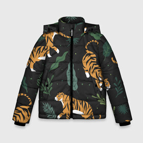 Зимняя куртка для мальчиков 3D с принтом Тропический тигр в Новосибирске, ткань верха — 100% полиэстер; подклад — 100% полиэстер, утеплитель — 100% полиэстер | длина ниже бедра, удлиненная спинка, воротник стойка и отстегивающийся капюшон. Есть боковые карманы с листочкой на кнопках, утяжки по низу изделия и внутренний карман на молнии. 

Предусмотрены светоотражающий принт на спинке, радужный светоотражающий элемент на пуллере молнии и на резинке для утяжки | tiger | гепард | дикие кошки | животные | кот | кошки | пантера | тигр | тигры