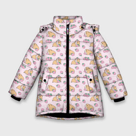 Зимняя куртка для девочек 3D с принтом Морские свинки с клубникой в Новосибирске, ткань верха — 100% полиэстер; подклад — 100% полиэстер, утеплитель — 100% полиэстер. | длина ниже бедра, удлиненная спинка, воротник стойка и отстегивающийся капюшон. Есть боковые карманы с листочкой на кнопках, утяжки по низу изделия и внутренний карман на молнии. 

Предусмотрены светоотражающий принт на спинке, радужный светоотражающий элемент на пуллере молнии и на резинке для утяжки. | Тематика изображения на принте: animal | cavy | guinea | guiney | kawaii | lovely | pet | pig | pink | plant | porpoise | strawberry | sweet | животное | кавай | клубника | морская | растение | свинка