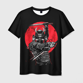 Мужская футболка 3D с принтом Sамурай в Новосибирске, 100% полиэфир | прямой крой, круглый вырез горловины, длина до линии бедер | japan | japanese | katana | samurai | броня | брутальный | воин | доспех | защитник японский | катана | красное | кровавая луна | луна | меч | мрачный | наемник | перчатки | противогаз | ронин | самурай | солнце | тэнго