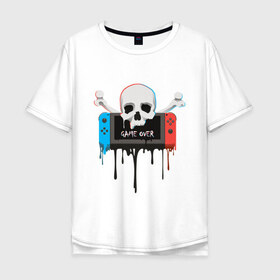 Мужская футболка хлопок Oversize с принтом Game Over в Новосибирске, 100% хлопок | свободный крой, круглый ворот, “спинка” длиннее передней части | console | game | game over | nintendo | skull | switch | глюк | игра | консоль | кости | нинтендо | свитч | череп