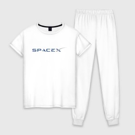 Женская пижама хлопок с принтом SPACEX - ИЛОН МАСК. в Новосибирске, 100% хлопок | брюки и футболка прямого кроя, без карманов, на брюках мягкая резинка на поясе и по низу штанин | elon musk | spacex | американский предприниматель | изобретатель | илон маск | инвестор | инженер