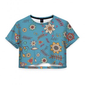 Женская футболка Cropp-top с принтом Цветочный рай в Новосибирске, 100% полиэстер | круглая горловина, длина футболки до линии талии, рукава с отворотами | 