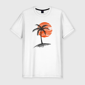 Мужская футболка хлопок Slim с принтом Тропики в Новосибирске, 92% хлопок, 8% лайкра | приталенный силуэт, круглый вырез ворота, длина до линии бедра, короткий рукав | пальма | пляж | рисунок | солнце | тропики