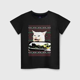Детская футболка хлопок с принтом Woman yelling at Cat meme в Новосибирске, 100% хлопок | круглый вырез горловины, полуприлегающий силуэт, длина до линии бедер | Тематика изображения на принте: девушка кричит на кота | кот за столом | кот за столом мем | кричат на кота | кричат на кота мем | мем кот за столом | мем кричат на кота