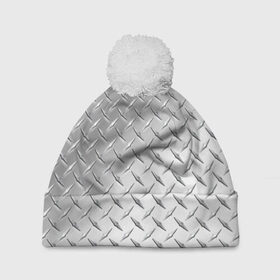 Шапка 3D c помпоном с принтом Рифлёный металл в Новосибирске, 100% полиэстер | универсальный размер, печать по всей поверхности изделия | Тематика изображения на принте: металл рифлёный железо блеск текстура