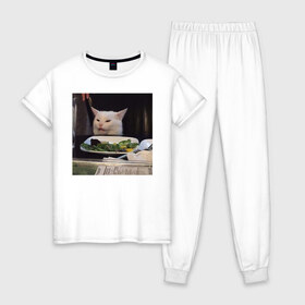 Женская пижама хлопок с принтом мемная картинка с котом в Новосибирске, 100% хлопок | брюки и футболка прямого кроя, без карманов, на брюках мягкая резинка на поясе и по низу штанин | кот | котэ | кошка | мем | прикол | фотография