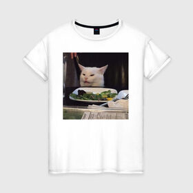 Женская футболка хлопок с принтом мемная картинка с котом в Новосибирске, 100% хлопок | прямой крой, круглый вырез горловины, длина до линии бедер, слегка спущенное плечо | кот | котэ | кошка | мем | прикол | фотография