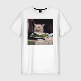 Мужская футболка премиум с принтом мемная картинка с котом в Новосибирске, 92% хлопок, 8% лайкра | приталенный силуэт, круглый вырез ворота, длина до линии бедра, короткий рукав | кот | котэ | кошка | мем | прикол | фотография