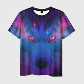 Мужская футболка 3D с принтом Звездный волк в Новосибирске, 100% полиэфир | прямой крой, круглый вырез горловины, длина до линии бедер | Тематика изображения на принте: взгляд | волк | волки | волчица | животное | звезды | зверь | космос
