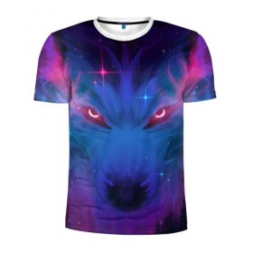 Мужская футболка 3D спортивная с принтом Звездный волк в Новосибирске, 100% полиэстер с улучшенными характеристиками | приталенный силуэт, круглая горловина, широкие плечи, сужается к линии бедра | Тематика изображения на принте: взгляд | волк | волки | волчица | животное | звезды | зверь | космос