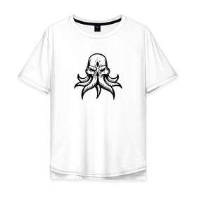 Мужская футболка хлопок Oversize с принтом Ктулху в Новосибирске, 100% хлопок | свободный крой, круглый ворот, “спинка” длиннее передней части | ктулху | минимализм | тьма | череп
