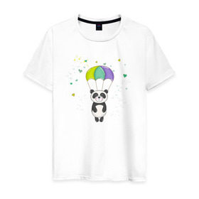 Мужская футболка хлопок с принтом Панда на парашюте в Новосибирске, 100% хлопок | прямой крой, круглый вырез горловины, длина до линии бедер, слегка спущенное плечо. | панда | панда на парашюте | рисунок | сердечки