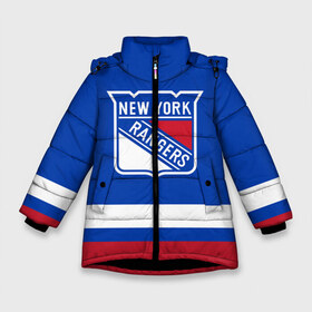 Зимняя куртка для девочек 3D с принтом Нью-Йорк Рейнджерс НХЛ в Новосибирске, ткань верха — 100% полиэстер; подклад — 100% полиэстер, утеплитель — 100% полиэстер. | длина ниже бедра, удлиненная спинка, воротник стойка и отстегивающийся капюшон. Есть боковые карманы с листочкой на кнопках, утяжки по низу изделия и внутренний карман на молнии. 

Предусмотрены светоотражающий принт на спинке, радужный светоотражающий элемент на пуллере молнии и на резинке для утяжки. | Тематика изображения на принте: hockey | new york | new york rangers | nhl | rangers | usa | нхл | нью йорк | нью йорк рейнджерс | рейнджерс | спорт | сша | хоккей | шайба