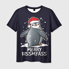 Мужская футболка 3D с принтом Santa penguin в Новосибирске, 100% полиэфир | прямой крой, круглый вырез горловины, длина до линии бедер | christmas | claus | jingle | merry | santa | елка | игрушки | клаус | клюв | колокольчик | новый год | олени | пингвин | подарок | праздник | рождество | санта | снег | снежинки | шапка