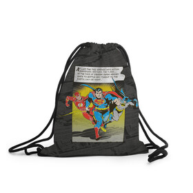 Рюкзак-мешок 3D с принтом Flash, Batman, Superman в Новосибирске, 100% полиэстер | плотность ткани — 200 г/м2, размер — 35 х 45 см; лямки — толстые шнурки, застежка на шнуровке, без карманов и подкладки | batman | bruce wayne | dc comics | flash | justice league | superhero | superman | бэтмен | лига справедливости | супермен | флэш