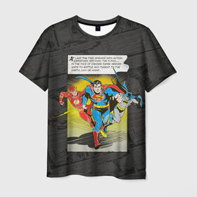 Мужская футболка 3D с принтом Flash, Batman, Superman в Новосибирске, 100% полиэфир | прямой крой, круглый вырез горловины, длина до линии бедер | batman | bruce wayne | dc comics | flash | justice league | superhero | superman | бэтмен | лига справедливости | супермен | флэш