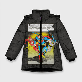 Зимняя куртка для девочек 3D с принтом Flash Batman Superman в Новосибирске, ткань верха — 100% полиэстер; подклад — 100% полиэстер, утеплитель — 100% полиэстер. | длина ниже бедра, удлиненная спинка, воротник стойка и отстегивающийся капюшон. Есть боковые карманы с листочкой на кнопках, утяжки по низу изделия и внутренний карман на молнии. 

Предусмотрены светоотражающий принт на спинке, радужный светоотражающий элемент на пуллере молнии и на резинке для утяжки. | batman | bruce wayne | dc comics | flash | justice league | superhero | superman | бэтмен | лига справедливости | супермен | флэш