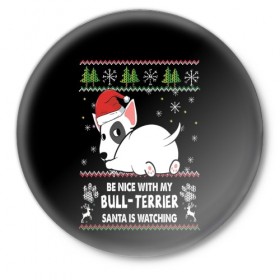 Значок с принтом Santa bull Terrier в Новосибирске,  металл | круглая форма, металлическая застежка в виде булавки | 