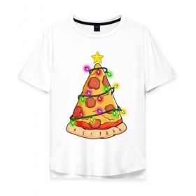 Мужская футболка хлопок Oversize с принтом Новогодняя Пицца в Новосибирске, 100% хлопок | свободный крой, круглый ворот, “спинка” длиннее передней части | 