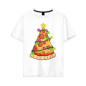 Женская футболка хлопок Oversize с принтом Новогодняя Пицца в Новосибирске, 100% хлопок | свободный крой, круглый ворот, спущенный рукав, длина до линии бедер
 | 