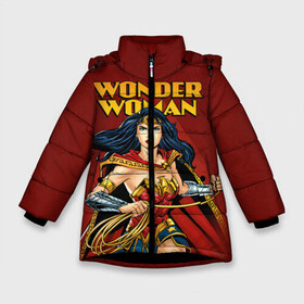 Зимняя куртка для девочек 3D с принтом Wonder Woman в Новосибирске, ткань верха — 100% полиэстер; подклад — 100% полиэстер, утеплитель — 100% полиэстер. | длина ниже бедра, удлиненная спинка, воротник стойка и отстегивающийся капюшон. Есть боковые карманы с листочкой на кнопках, утяжки по низу изделия и внутренний карман на молнии. 

Предусмотрены светоотражающий принт на спинке, радужный светоотражающий элемент на пуллере молнии и на резинке для утяжки. | dc comics | justice league | shtatjl | superhero | wonder woman | лига справедливости | чудо женщина