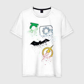 Мужская футболка хлопок с принтом Логотипы. Justice League в Новосибирске, 100% хлопок | прямой крой, круглый вырез горловины, длина до линии бедер, слегка спущенное плечо. | Тематика изображения на принте: batman | cyborg | dc comics | green lantern | justice league | logo | shtatjl | superhero | the flash | бэтмен | зеленый фонарь | киборг | лига справедливости | флэш