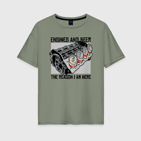 Женская футболка хлопок Oversize с принтом Инженер и Пиво в Новосибирске, 100% хлопок | свободный крой, круглый ворот, спущенный рукав, длина до линии бедер
 | beer | engine | engineer | автомеханик | двигатель | инженер | механик | специалист